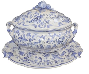French faience blue & white soup tureen with under platter