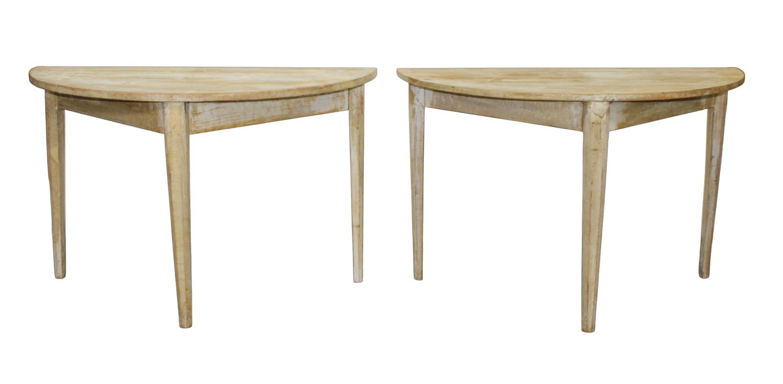 Pair of Swedish demi lune console tables in pine on tapered legs: Pair of Swedish demi lune console tables in pine on tapered legs. 29 1/8"h x 46"w x 22 7/8"d