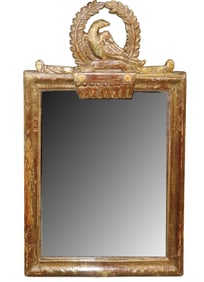 Petite French Louis XVI giltwood mirror with focal bird