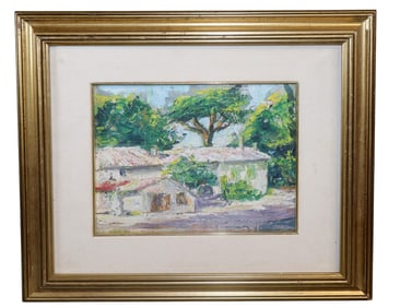 French oil on board painting cottage scene