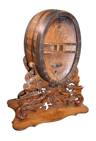 French presentation wine barrel on stand with carved grapevines