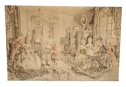 French machine made monochromatic tapestry of a parlor scene
