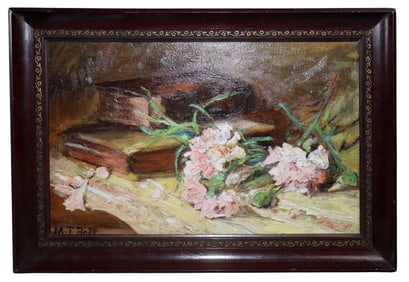 French oil on board painting still life with books signed L/L MT Bres