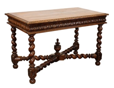 French bureau plat desk in oak with acanthus carved apron, single drawer and crossed barley twist