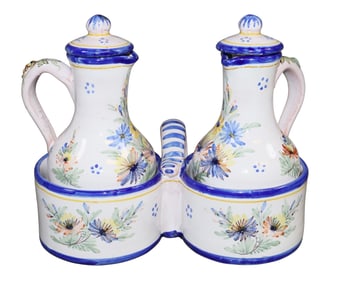 French A Montagnon floral hand painted cruet set