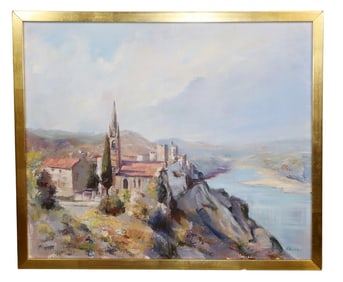 Continental oil on canvas painting landscape with castle signed H. Richter