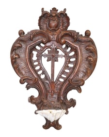 French carved walnut holy water font with cross