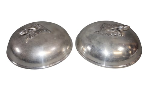 Pair of French silverplate cheese domes with acorn