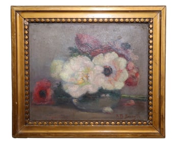 French oil on carton painting still life with flowers SIGNED M. Tb. Bannefon