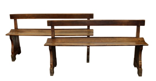 Pair of French schoolhouse benches in stained pine