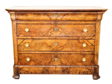 French Louis Philippe 4 drawer commode in burled walnut with bronze pulls and wood top