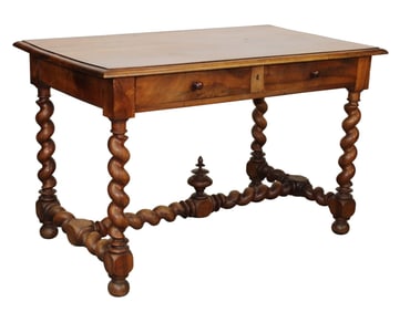 French bureau plat desk in walnut with barley twist