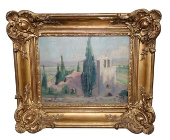 French oil on board landscape painting with chateau signed Lower left