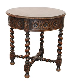 Belgian side table in oak with carved frieze and barley twist legs
