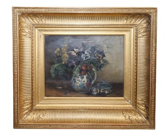 French oil on canvas floral still life painting