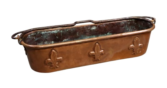 French copper fish poacher with fleur de lys in relief