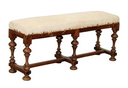 French petite 6 leg bench in walnut on turned legs