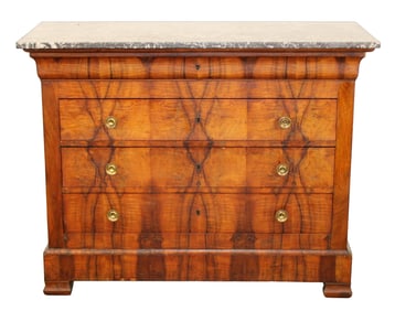 French Louis Philippe commode in burled walnut with marble top