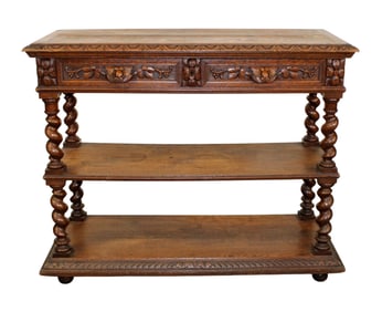 French lift top 2-tier server in oak with barley twist columns