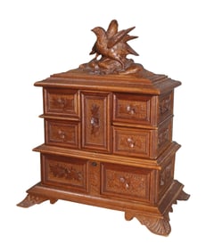 Black Forest carved walnut dresser box with birds