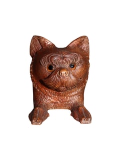 French carved walnut dog form inkwell with glass eyes
