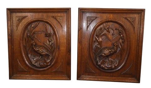 Pair of French relief carved oak panels with birds