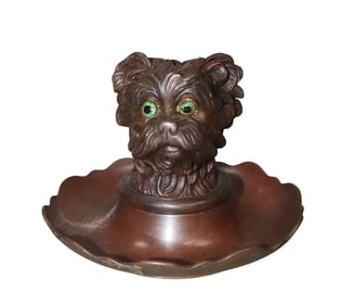 French bronze dog head inkwell with glass eyes