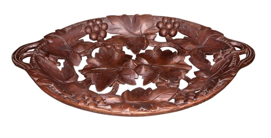 Swiss Black Forest relief and pierce carved tray with oak leaves