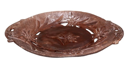 Swiss Black Forest floral relief and pierce carved oval tray with edelweiss