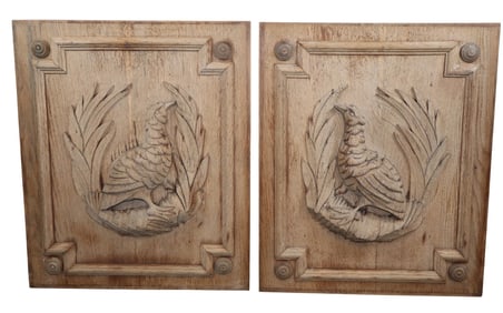 Pair of French relief carved oak trophy plaque panels