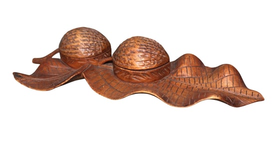 Black Forest desk inkwell with relief carved leaves and walnuts