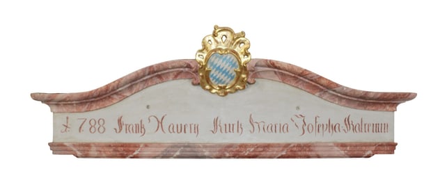 German carved and polychrome over door plaque with coat of arms