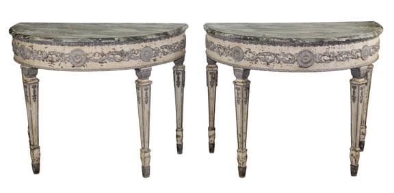 Pair of French Louis XVI style painted demi lune console tables