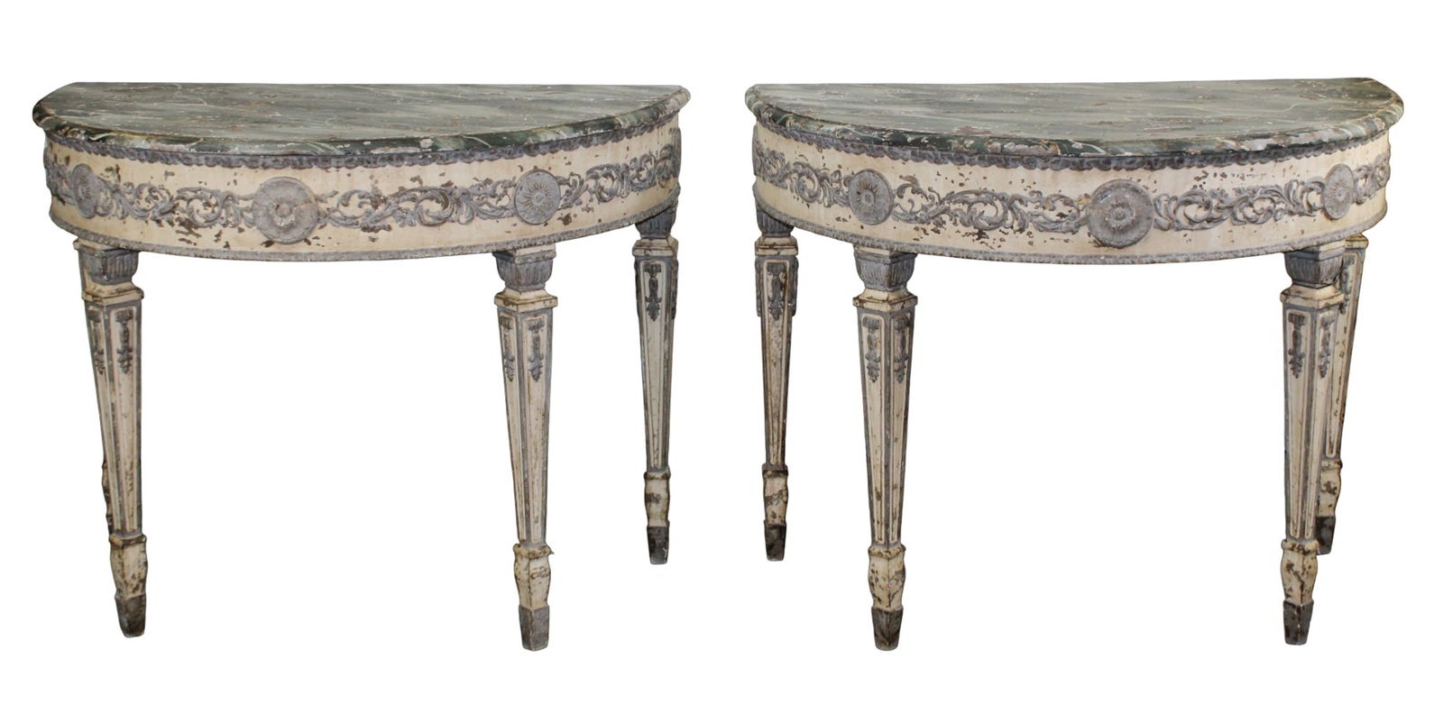 Pair of French Louis XVI style painted demi lune console tables: Pair of French Louis XVI style painted demi lune console tables. 19th century. 35 1/2"h x 45"w x 25"d