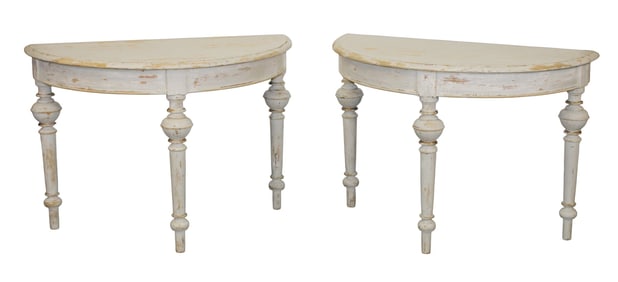 Pair of Swedish demi lune console tables in pine with rubbed finish