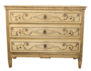 French Louis XVI 3 drawer commode in bleached oak with carved drawers