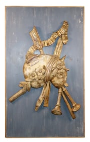 French relief carved giltwood crest with musical attributes