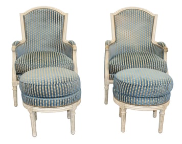 Pair of French Louis XVI style bergères with round ottomans