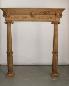 Belgian carved oak fireplace mantel with lion heads