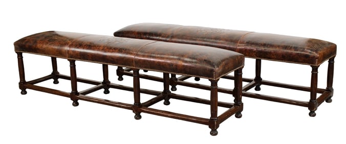 Pair of French 8-leg benches with tooled leather top
