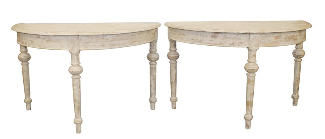 Pair of Swedish demi lune console tables in painted pine