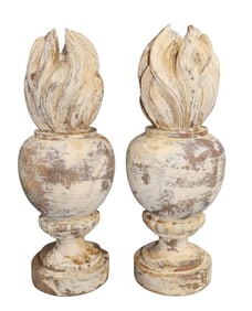 Pair of French carved architectural flame finials