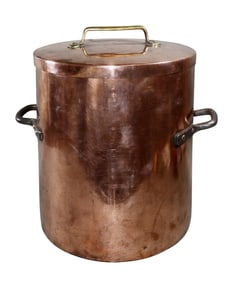 Large French polished copper lidded stock pot