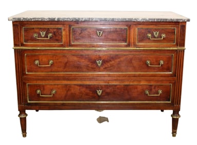 French Louis XVI 3 over 2 commode in mahogany with a marble top