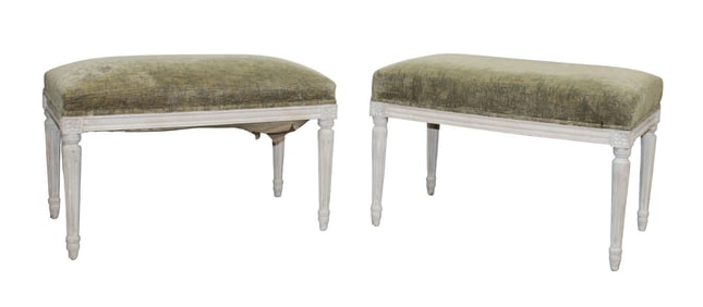 Companion pair of French Louis XVI style benches on tapered legs