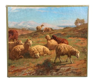 French oil on canvas painting of sheep