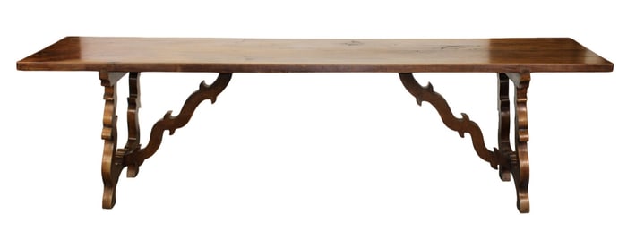 Italian refectory table in walnut with shaped stretcher