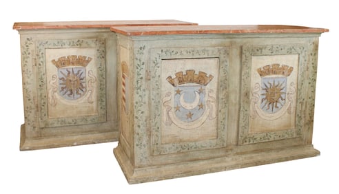 Pair of Italian 2 door buffet bas cabinets with painted crests