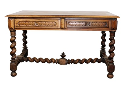 French bureau plat desk in walnut on barley twist legs