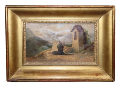 French oil on board painting of a shepherd kneeling